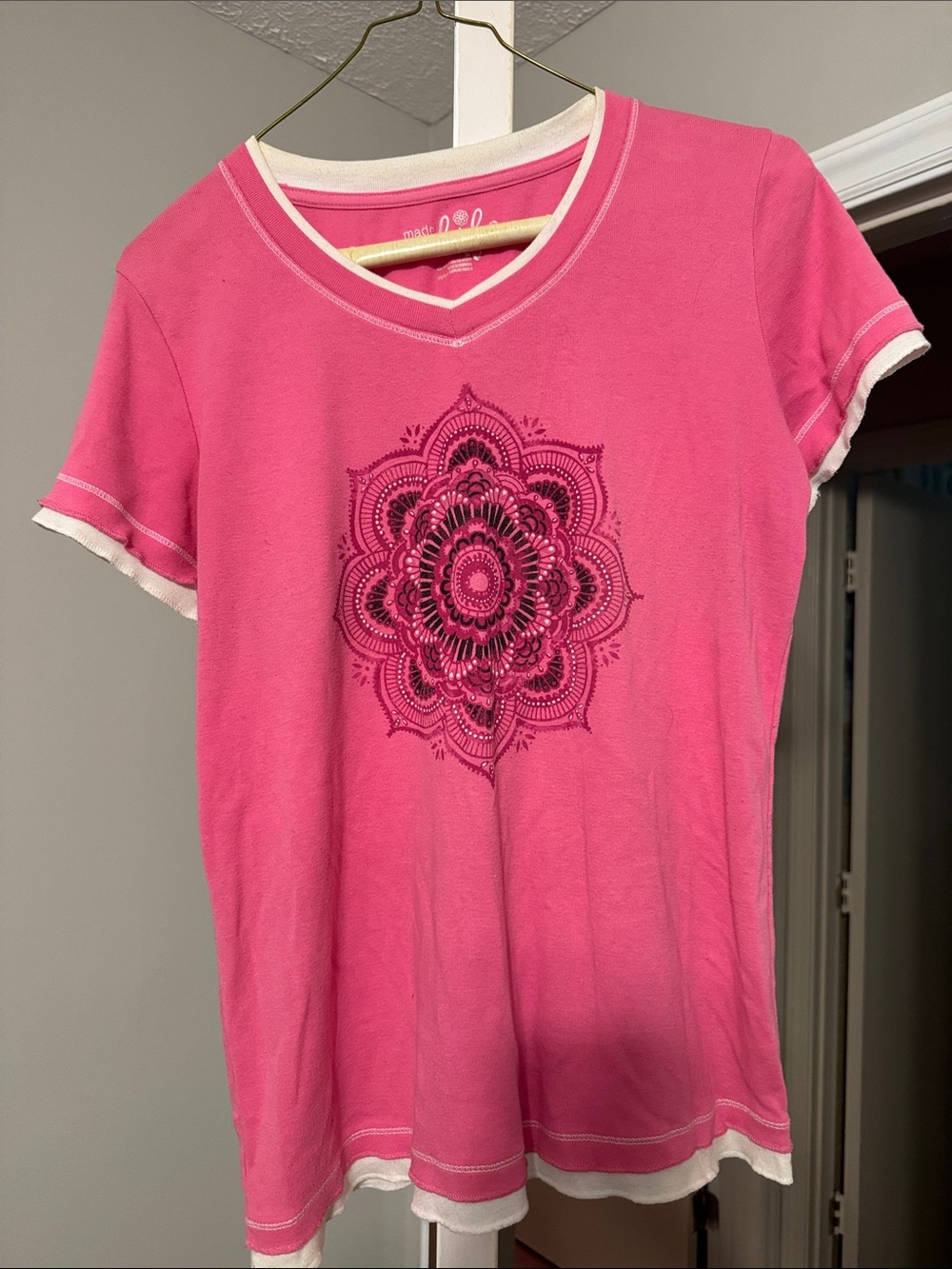 made for life Pink Short Sleeve V-Neck Tee with Center Mandala
